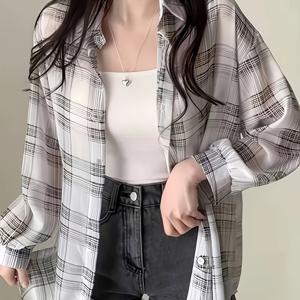 여성용 체크 시폰 셔츠, 칼라 버튼 앞면 블라우스, 시원한 착용을 위한 세미시어, 커프스 소매, 포멀 루즈 캐주얼 셔츠, 세탁기 사용 가능