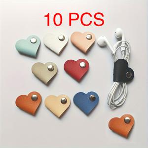 10개입 하트형 PU 가죽 케이블 타이, 멀티컬러 헤드폰 및 충전선 정리 클립, PVC 가죽 케이블 타이 - 다기능 데이터 케이블 정리 도구, 가벼운 무전원, 데스크탑 및 서랍 정리에 이상적, 완벽한 크리스마스 선물, 홈 스토리지 데스크탑 및 서랍 정리 박스