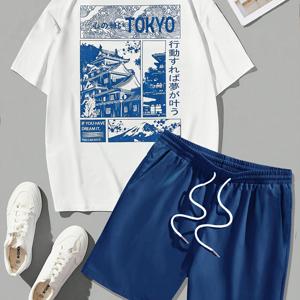 남성 의상: TOKYO 프린트 반팔 티셔츠와 드로스트링 허리 비치 반바지, 투피스 세트