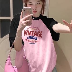 여성용 Y2K 여름 컬러블록 캐릭터 프린트 오버사이즈 라운드넥 티셔츠 - 캐주얼 루즈핏 반소매 블라우스, 핫웨더 캐주얼 웨어 & 레이어링 아이템