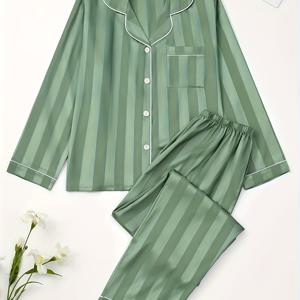 TEMU 여성용 프린트 새틴 파자마 세트 2pcs, 부드러운 긴팔 버튼 프론트 칼라 셔츠와 탄성 허리 팬츠, 편안한 수면복 세트, 나이트웨어 및 라운지웨어, 발렌타인데이 선물, 캐주얼 아웃핏