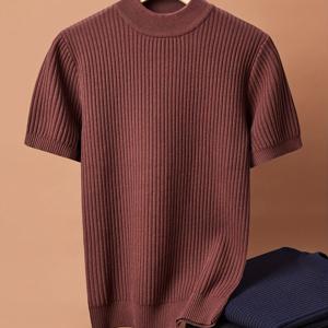 테한남성용 세미 하이넥 반팔 니트 스웨터, 봄, 가을, 겨울용 두꺼운 보온 반팔 니트 스웨터, 단독 착용 또는 베이스 레이어로 활용 가능, 피부에 친화적인 고품질 소재, 3D 엠보싱 자카드 히든 패턴의 정교한 제작, 복부를 가려주는 슬림핏 수직 디자인, 패셔너블하고 멋진 고급 스타일