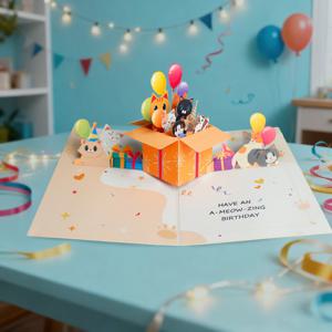 파티 초대장 1개 인터랙티브 3D 팝업 고양이 생일 카드 (봉투 및 메시지 카드 포함) - 귀여운 고양이 발바닥 및 파티 모자 디자인, 인사말, 생일 파티 초대, 은퇴, 기념일 (종이, 간편하게 작성 가능) 할로윈 크리스마스 추수감사절