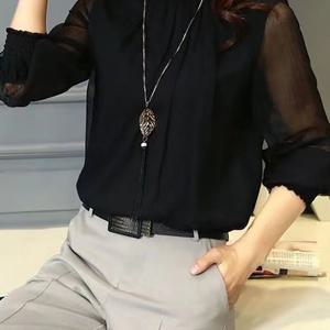 여성 봄가을 셔링 블라우스 프릴넥 데일리 시스루 긴팔 티셔츠 엘레강스 하이넥 캐주얼 패션 통근 프릴 상의 슬림소녀