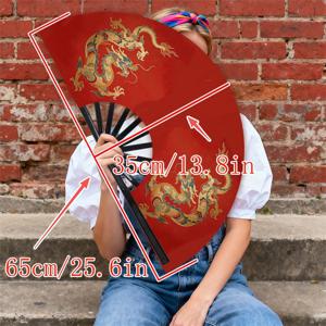 TEMU 남성용 휴대용 선풍기, 1개, 금색 용 패턴 (파란색 및 녹색 액센트) 레드 배경, 폴리에스터 소재, 화려한 전통 동양 디자인, 데일리 휴대용, 남성용 스타일리시 액세서리, 배터리 없음