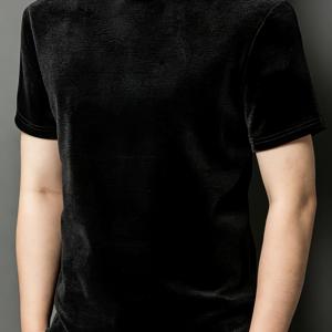 라이트 럭셔리 스타일 블랙 벨벳 반팔 티셔츠 남성용 세미 하이넥 디자인 드레이피 스타일리시 캐주얼 출퇴근 다용도 상의