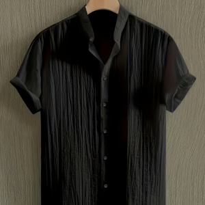 TEMU 남성용 여름 단색 반투명 반팔 캐주얼 스탠드업 칼라 셔츠, 패셔너블하고 활용도 높은 버튼업 상의, 해변 휴가 및 수영장 파티에 적합, 중국 사이즈, 사이즈 가이드를 꼼꼼히 확인해 주세요