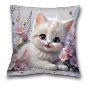 TEMU 귀여운 고양이 & 꽃무늬 프린트 폴리에스터 베개 커버 1개, 44.96cm, 부드러운 지퍼형 쿠션 케이스, 소파 거실 사무실 장식용, 기계 세탁 가능, 속통 미포함