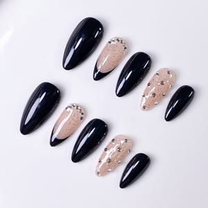 TEMU 10개 수제 아몬드 프레스온 네일 세트 블랙 베이스 컬러 블랙 프렌치 스타일 샤이니 체인 우아하고 고급스러운 네일 아트 모든 행사, 데일리, 파티, 가을, 겨울 스타일에 적합 재사용 가능한 네일 스티커