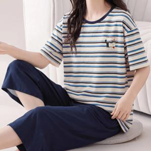 TEMU 여성용 여름 다크 블루 파자마 세트 2pcs, 귀여운 아기 고양이 레터 프린트, 반팔 캐주얼 크루넥 상의, 단색 신축성 허리 카프리 팬츠, 라운지웨어