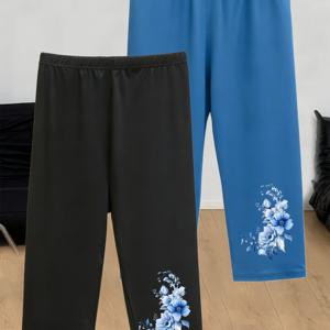 여성용 플러스 사이즈 카프리 팬츠 2pcs - 고탄력 여름용 조깅 팬츠 (카프리 길이, 풀 길이 보다 짧음), 랜덤 프린트 운동복, 사이클링 및 캐주얼 의상에 적합 - 세탁기 사용 가능한 편안한 핏