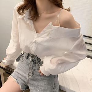 TEMU 봄/가을 신상 한국 스타일 루즈핏 슬림 오프숄더 얇은 셔츠 디자인 감성 민족 소수 민족 섹시 화이트 셔츠