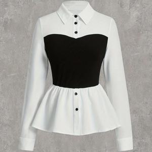 TEMU 여성용 우아한 블랙 & 화이트 대비 자수 밑단 블라우스 - 100% 폴리에스터 반투명 탑, 러플 커프스, 세탁기 사용 가능, 봄 여름 가을 캐주얼 셔츠 (사무실 및 사교 행사용)