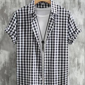 스프링/가을 스타일 남성 패션 캐주얼 체크 무늬 반팔 버튼업 셔츠