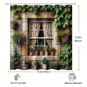 1개, 녹색 식물과 화분이 있는 스톤 벽 창문 프린트 샤워 커튼, 70x70인치, 후크 12개 포함, 폴리에스터 원단, 청소 용이, 방/호텔용, 세탁기 사용 가능한 욕실 커튼, 사계절용