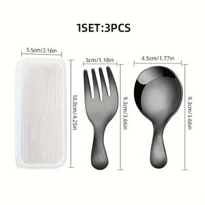 TEMU 3개입 휴대용 커트러리 세트 - 스테인리스 스틸 짧은 손잡이 스푼, 포크, 보관 케이스, 다기능 케이크 과일 포크와 스푼, 학생, 여행, 식사용 편리한 식기 - 수프 스푼, 디저트 포크 콤보