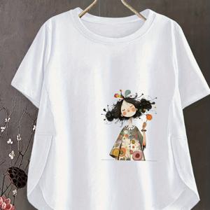 여성용 패치워크 프린트 티셔츠 - 귀여운 카툰 도파민 빈티지 스타일 캔디 패턴 - 봄/여름 라운드넥 탑, 트렌디한 밑단, 재미있는 여름 캐주얼 여성 탑, 세탁기 사용 가능, 쉬운 관리, 루즈핏, 캐주얼 시크 스타일, 가볍고 통기성 좋은 귀여운 데일리웨어