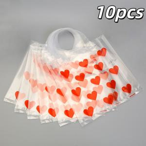 10개 투명 플라스틱 토트백, 빨간색 하트 패턴, 발렌타인데이 선물, 로맨틱 데이트, 쇼핑, 다용도 선물 포장 및 보관에 적합