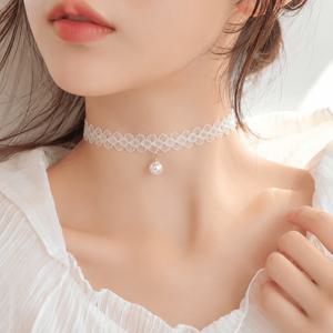TEMU 레이스 패턴 진주 포인트 초커 청순 여리핏 여성 목걸이