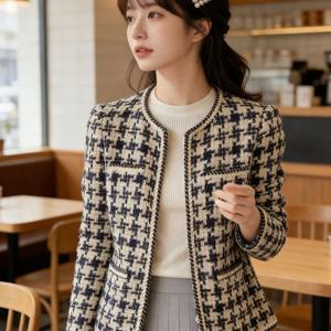 TEMU 여성 데이트룩 필수 봄가을 트위드 체크 숏자켓 라운드넥 포켓 디테일 슬림핏 우아한 오피스룩 슬림소녀