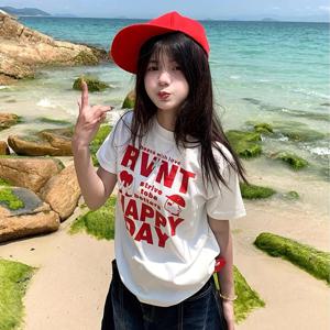 레드 레터 프린트 반팔 티셔츠 - 루즈핏 캐주얼 탑, 레이어링 또는 데일리룩에 적합, 손세탁 가능한 블라우스 스타일 디자인 (시트추는 없음)