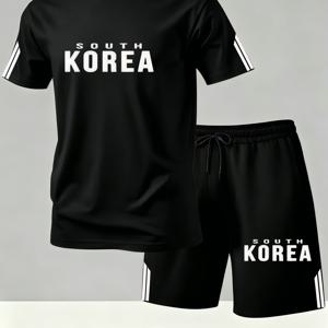 한글 알파벳 프린트 남성용 여름 라운드넥 반팔 티셔츠와 반바지 세트, 통기성 좋고 편안함, 야외 스포츠 및 데일리 캐주얼웨어에 적합, 스타일리시한 패턴
