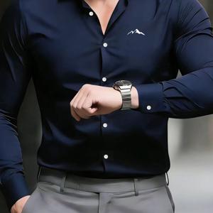 TEMU 남성용 업무용 다림질 필요 없는 긴팔 셔츠, 설산 프린트, 슬림핏 전문가용 정장, 면접 및 출퇴근용 활용도 높은 단색 셔츠