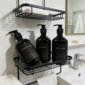 500ml 대용량 디스펜서 병, 방수 라벨 3개 세트, 검정색 플라스틱 펌프 헤드가 달린 검정색 병, 재사용 가능, 샴푸, 컨디셔너, 샤워 젤 디스펜싱에 적합, 뛰어난 장식적 매력, 할로윈 선물로 이상적