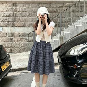 여름 네이비 체크 케이크 스커트 여성용 하이웨이스트 A라인 라지 스윙 캐주얼 미디 스커트 (안감 포함)