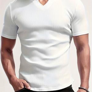 미국식 여름 스포츠 피트니스 통기성 티셔츠 리브드 슬림핏 캐주얼 농구 트레이닝 솔리드 컬러 V넥 반팔 남성용 상의