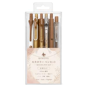 BIMOYU 6개입 일본 스타일 모카 펜 세트, 0.5mm 가는 팁 젤 펜 (마커 및 하이라이터 포함), 저널링, 메모, 학습 및 일상적인 쓰기에 적합한 미적 문구류