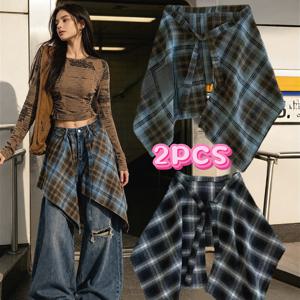 2개 세트, 탈부착 및 허리끈 조절식 신상 Y2K 트렌디 의상, 레이어드 투톤 체크무늬 밑단. 스웨트셔츠와 스커트용 기장 연장 가능. 트렌디한 스트리트 스타일, 활용도 높은 , 남녀공용