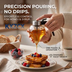 TEMU 허니 디스펜서 스타일리시 패턴 유리 시럽 디스펜서 200ml, 주방 아침 유리 꿀 디스펜서 200ml, 엠보싱 물방울 방지 프레스 릴리스 시럽 냄비 (스탠드 포함), 간편한 세척 누수 방지 소스 꿀 보관 용기