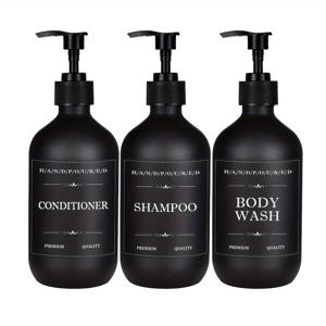 500ml 3종 욕실 세트: 비누 디스펜서, 샴푸 & 컨디셔너 병, 바디 로션 보관병 (라벨 포함)