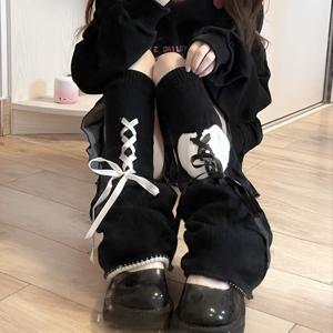 하트 패턴이 있는 다크 시리즈 레그 워머, 타이업 보우 스카프 레그 워머