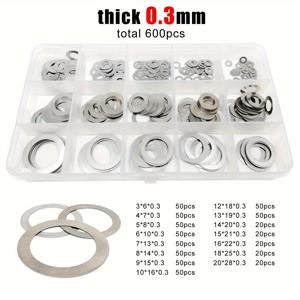 600개/박스 0.2mm 0.3mm 두께의 초박형 평면 와셔 조절 심 평면 가스켓 믹스 M3 M4 M5 M6 M8 M10 M12 M16 M20 어소트먼트 키트 세트 A2 304 스테인리스 스틸