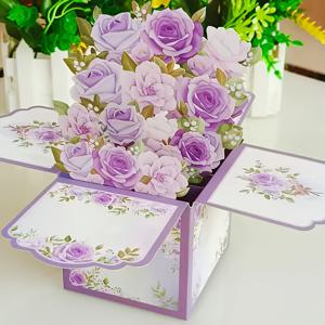 1개 3D 보라색 장미 꽃 카드 - 엄마의 날, 생일, 기념일, 결혼식, 발렌타인데이, 추수감사절을 위한 팝업 플로럴 디자인 - 그녀, 친구, 엄마를 위한 이상적인 선물, 집 장식, 파티 초대 카드 할로윈 크리스마스 추수감사절