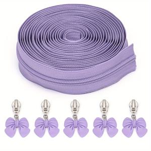 1세트 = 450cm/5야드 지퍼 + 지퍼풀 5개, 5# 나일론 지퍼, 매칭 리본 지퍼풀, 네 가지 색상: 연분홍, 노랑, 보라, 버건디, 홈 재봉 DIY 지퍼 교체용