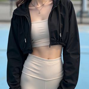 여성용 캐주얼 긴소매 후드 집업 짧은 신축성 있는 경량 스웨트셔츠, 봄 여름용, S 사이즈용 신축성 밑단, 스트리트 패션 및 다양한 장면의 캐주얼웨어