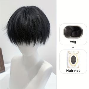 혼합 세트: 가발 + 헤어망. 남성용 단발 가발, 고온 내성 섬유 가발, 남자 아이돌 스타에서 영감을 받은 스타일리시한 헤어스타일, 데일리 가발