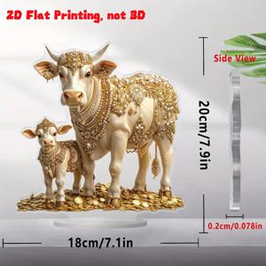 2D 평면, 스타일 아크릴 소 가족 데스크탑 장식 1개 - 황금 보석과 동전이 있는 2D 평면 프린트 财富와 번영 장식품, 18.03x20.07cm 가정 사무실 파티 장식, 가족과 친구를 위한 이상적인 선물, 소 패턴 방 장식, 할로윈 크리스마스 장식