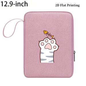 고양이 발바닥과 생선뼈 패턴 2D 평면 프린트 그레이 휴대용 랜야드 낙하 방지 충격 방지 지퍼 잠금 심플한 만화 스타일 iPad 보관 파우치 1개, 일상 통근, 학생 사무실 및 학습용, 2D 평면