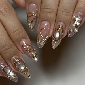 10개입 롱/미디엄 아몬드 프레스 온 네일 고양이 눈 프레스 온 네일 키트, 골드 장식 3D 별 달 나비 라인스톤 진주 장식 재사용 가능 그라데이션 글리터 Y2K 레트로 럭셔리 스타일 인조 네일 세트 (여성 데일리 데이트 파티 웨딩 브라이덜 & 선물용)