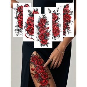 임시 레드 로즈 타투 스티커 5개, 팔과 다리용, 방수 및 땀 방지, 사용하기 쉬움, 섹시한 댄서 가슴과 허벅지 디자인, 여성용 임시 문신으로 이상적