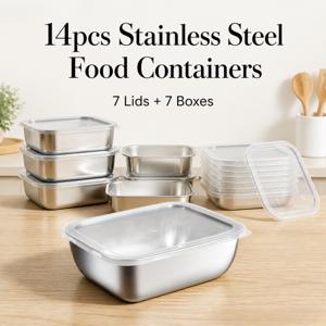 14pcs 세트: 뚜껑 7개 + 용기 7개, 뚜껑 포함 스테인리스 스틸 식품 보관 용기, 사각 밀폐 도시락, 누수 방지 메탈 도시락 세트, 주방, 냉장고, 야외 캠핑 식사 준비용 재사용 가능