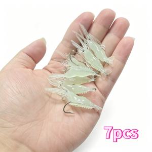 야광 새우 모양 루어 7개 세트 – 낚싯바늘이 달린 발광 소프트 실리콘 미끼 | 사실적인 민물 및 바닷물 겸용 낚시 장비, 야간 낚시에 적합, 모조 새우 슬라이더, 농어, 송어, ぱ이크, 월아용으로 설계됨