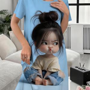 여성용 캐주얼 홈웨어 나이트가운, 파란색 번 헤어 패턴이 있는 프린트 라운지웨어 나이트가운, 집에서 편안하게 입을 수 있는 여성용 나이트드레스, 휴일을 위한 우아한 여성 의류, 이상적인 나이트가운 선택, 선물로 완벽
