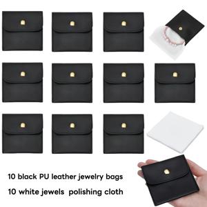 블랙 PU 미니 주얼리 파우치 및 광택제 천 20개, 8x8cm, PU 가죽 소재, 소형 주얼리 가방, 부드러운 봉투형 파우치, 반지, 목걸이, 팔찌 및 기타 액세서리 보관용, 휴일, 생일, 답례품, 파티 선물용 - 블랙