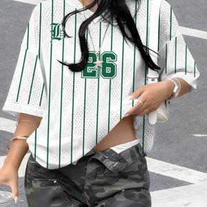 여성용 브이넥 아일렛 메쉬 티셔츠, 화이트 베이스, 그린 세로 , 그린 