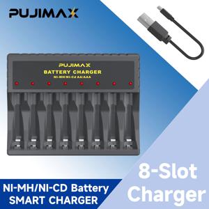 PUJIMAX 8구 배터리 스마트 충전기 (독립 LED 표시등 포함) - USB 충전, 1.2V AA/AAA Ni-Mh/Ni-Cd 배터리 호환, 혼합 충전 시스템, 휴대용 디자인, 야외 사용에 적합